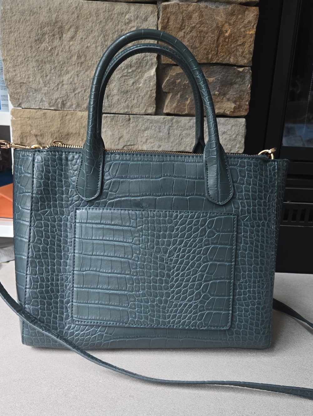 Croc-Embossed Teal Structured Satchel with Top Handles Cross Body Strap New Day